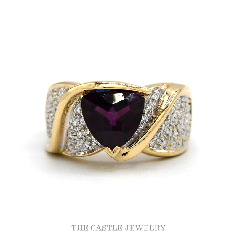 14k yellow gold trillion rhodolite garnet ring with diamond sides — top view