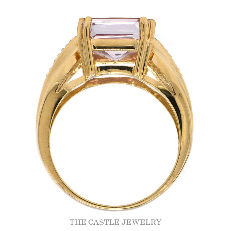 Front-facing view of the 14k yellow gold square pink topaz ring