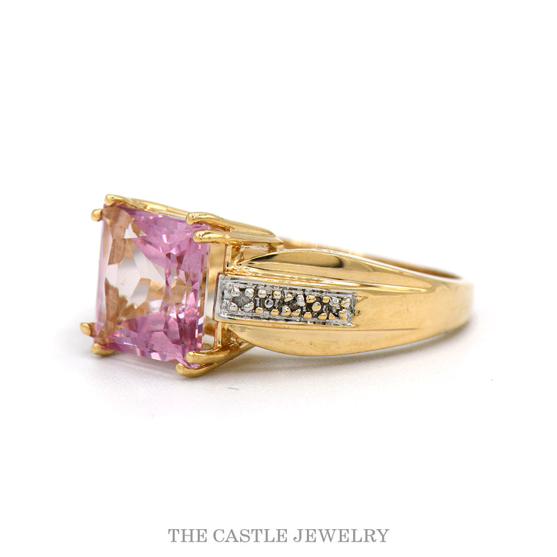 Side profile of the 14k yellow gold pink topaz ring