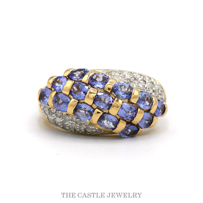 14k yellow gold three row tanzanite dome ring with diamond sides — top view