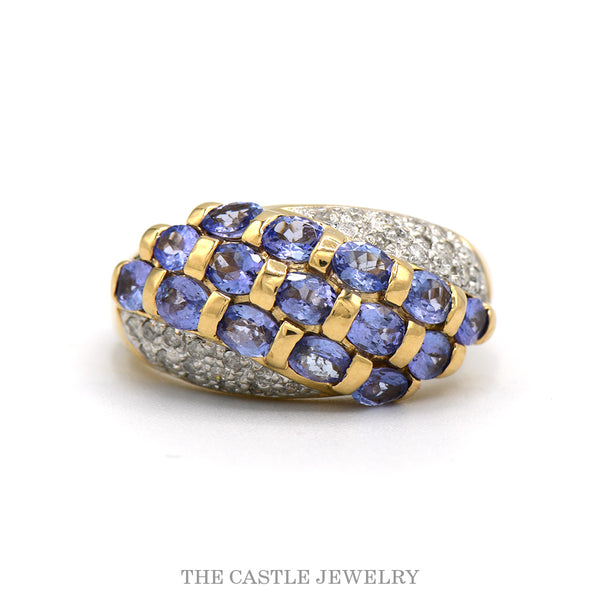 14k yellow gold three row tanzanite dome ring with diamond sides — top view