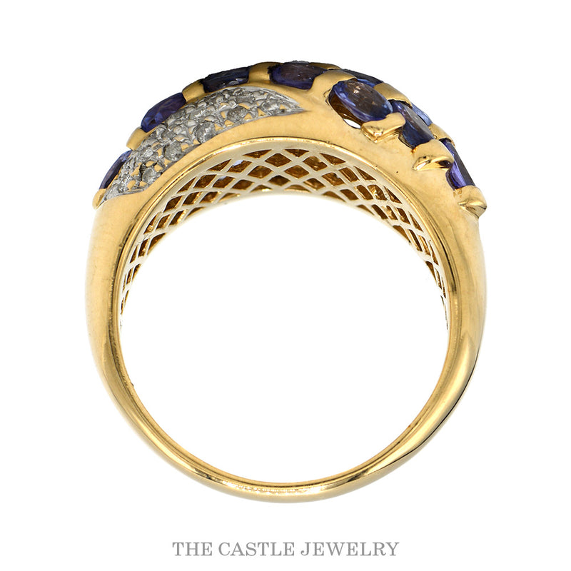 Front-facing view of the 14k yellow gold tanzanite diamond dome ring
