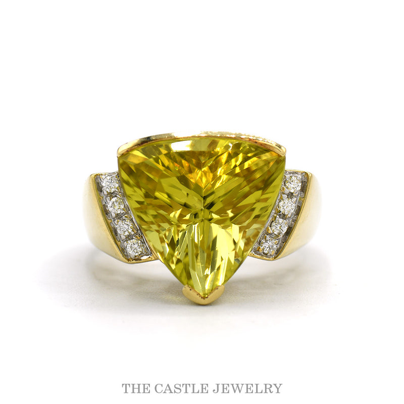 14k yellow gold trillion lemon ice quartz ring with diamond sides — top view