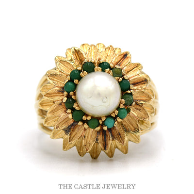 14k yellow gold pearl and turquoise flower design ring — top view