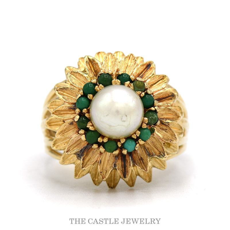 14k yellow gold pearl and turquoise flower design ring — top view