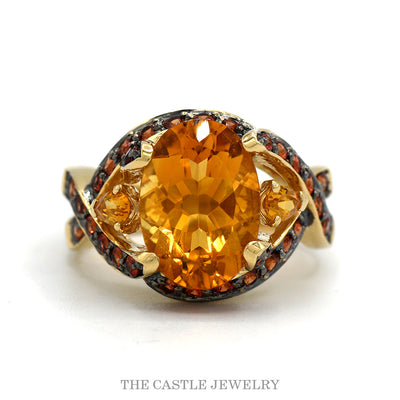 14k yellow gold oval citrine ring with fire opal crossover halo — top view