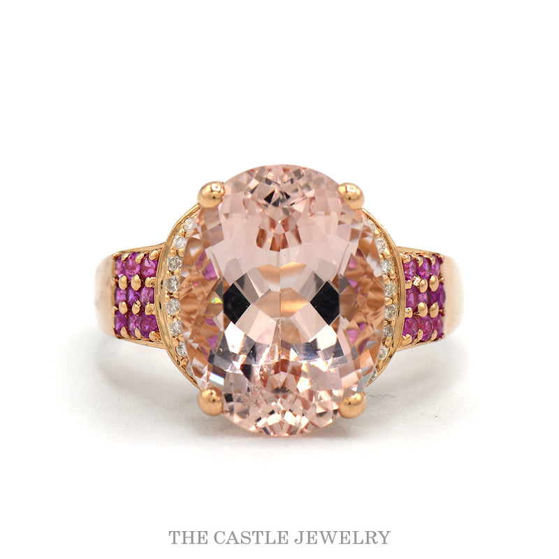 14k rose gold oval morganite ring with diamond halo and ruby shoulders — top view