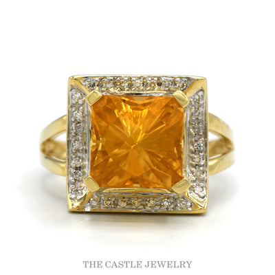 14k yellow gold princess cut citrine ring with square diamond halo — top view