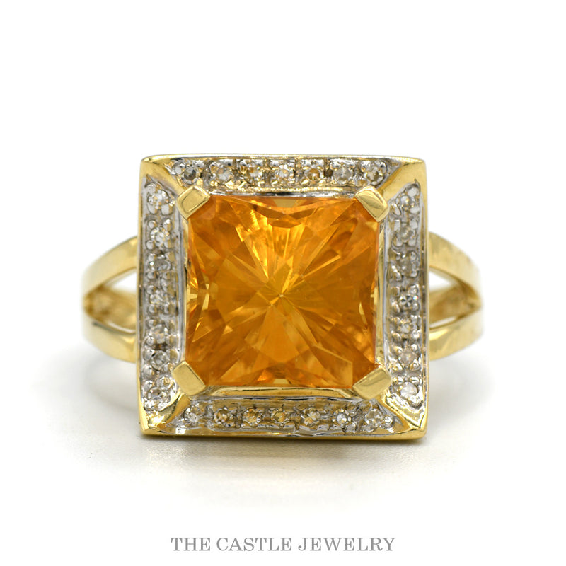 14k yellow gold princess cut citrine ring with square diamond halo — top view