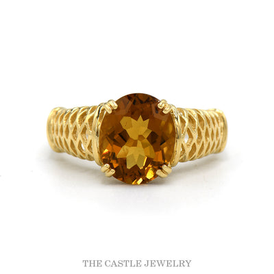 14k yellow gold oval citrine ring with open lattice sides — top view
