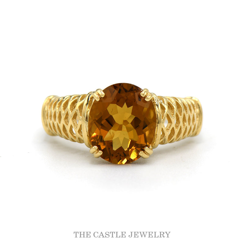 14k yellow gold oval citrine ring with open lattice sides — top view