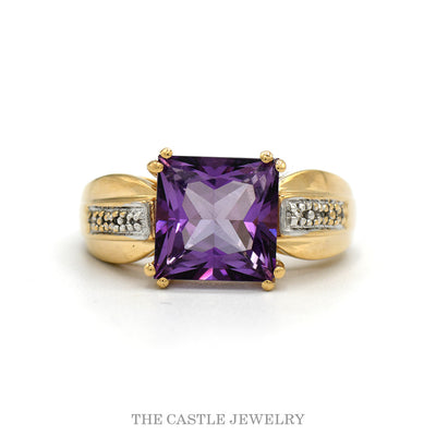 14k yellow gold princess cut amethyst ring with diamond shoulders — top view