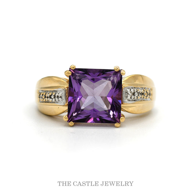 14k yellow gold princess cut amethyst ring with diamond shoulders — top view