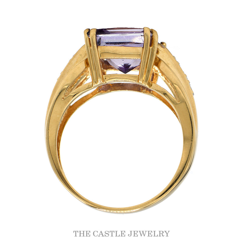 Front-facing view of the 14k yellow gold princess amethyst ring