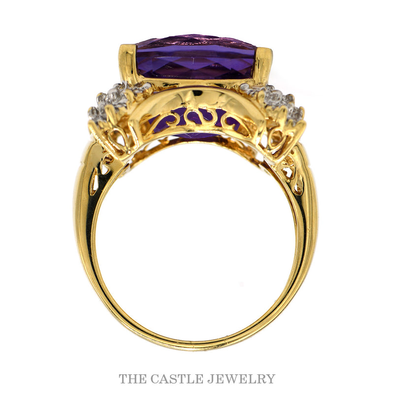 Front-facing view of the 14k yellow gold cushion amethyst cocktail ring