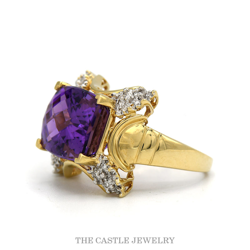 Side profile of the 14k yellow gold amethyst diamond ring