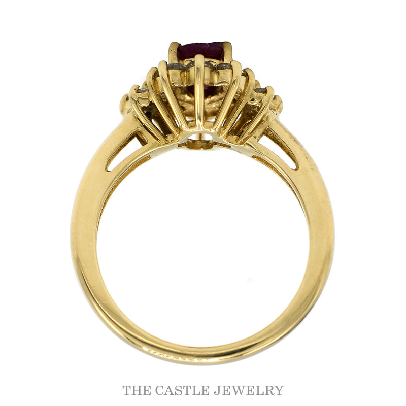 Front-facing view of the oval ruby double diamond halo ring in 14k yellow gold