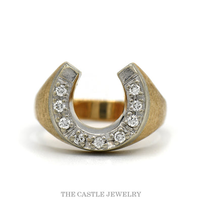 14k yellow gold men's diamond horseshoe ring with brushed sides — top view