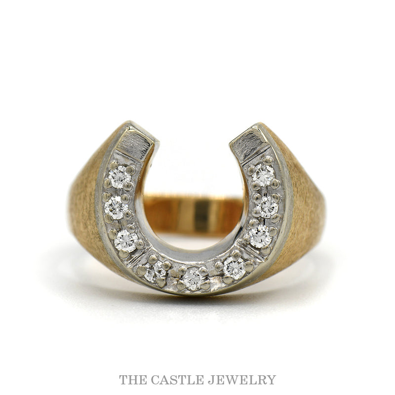 14k yellow gold men's diamond horseshoe ring with brushed sides — top view