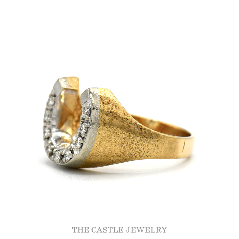 Side profile of the diamond horseshoe ring showing the brushed tapered sides