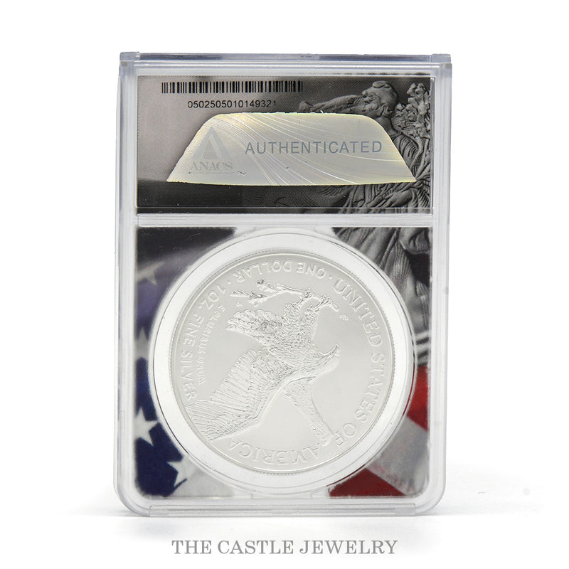 2026 American Silver Eagle ANACS MS70 label #49321 — reverse, Damstra eagle, with ANACS authentication hologram and cert 0502505010149321