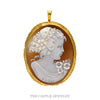 Hand-Carved Shell Cameo Pendant/Brooch with Floral Portrait in 18k Yellow Gold