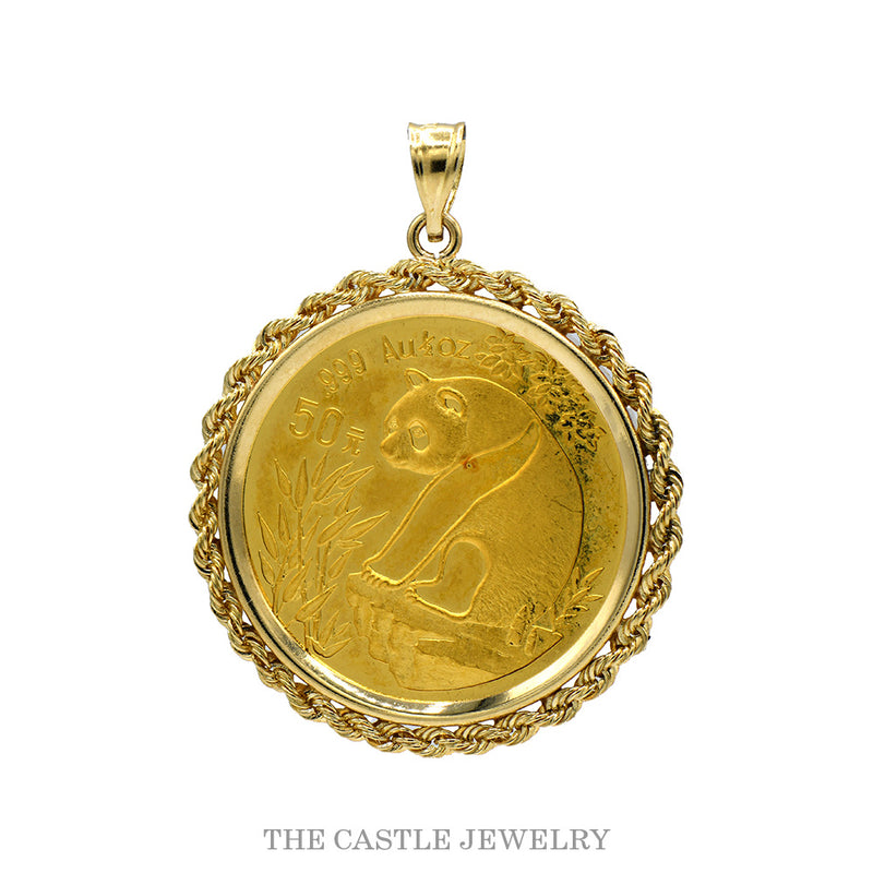 1993 1/2oz .999 gold Panda coin pendant in 14k yellow gold rope bezel — panda side