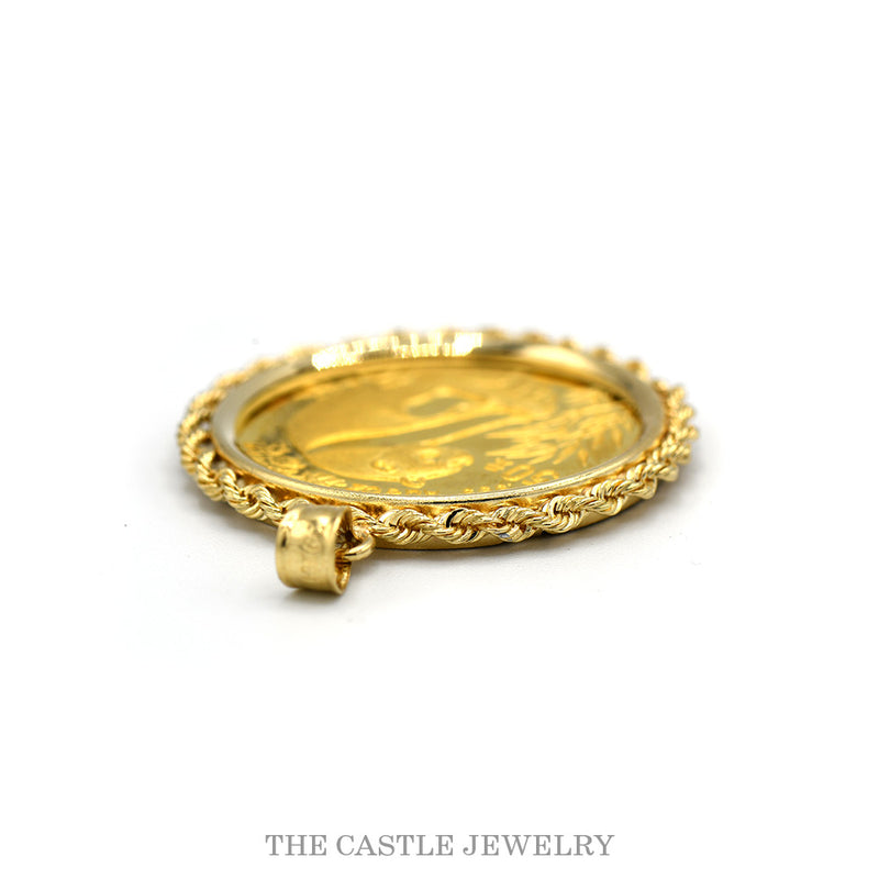 Edge view of the 14k rope bezel and bail holding the 1/2oz gold Panda coin