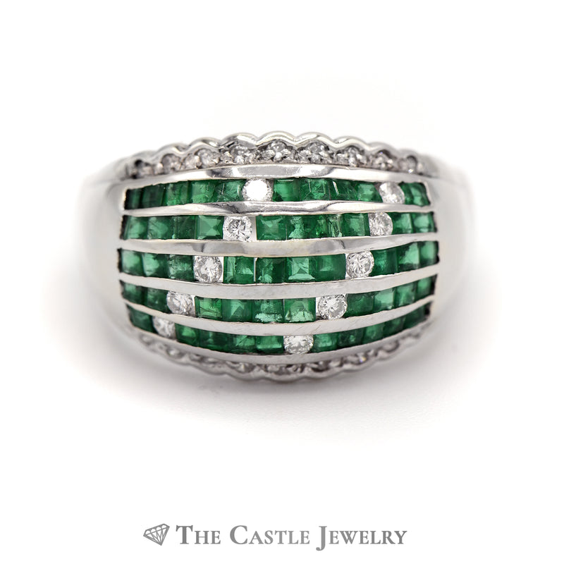 Emerald & Diamond Cluster Dome Ring in 18k White Gold