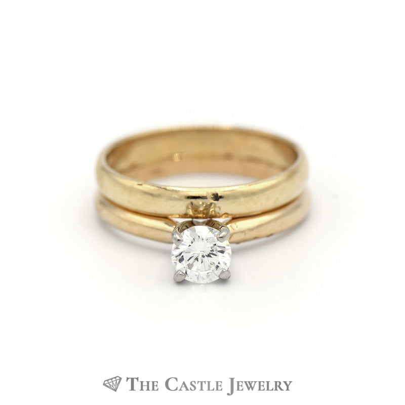 Round Brilliant Cut Diamond Solitaire w/ Soldered 3mm Wedding Band in 14K Gold