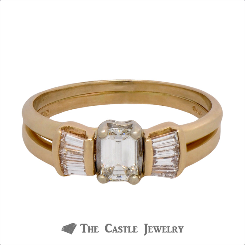 Emerald Cut Bridal Set with Baguette Accents Crafted in 14k Yellow Gold