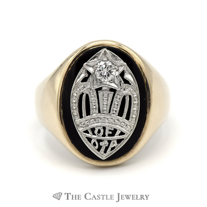 Onyx Diamond Temple Masonic Ring in 10k Yellow & White Gold