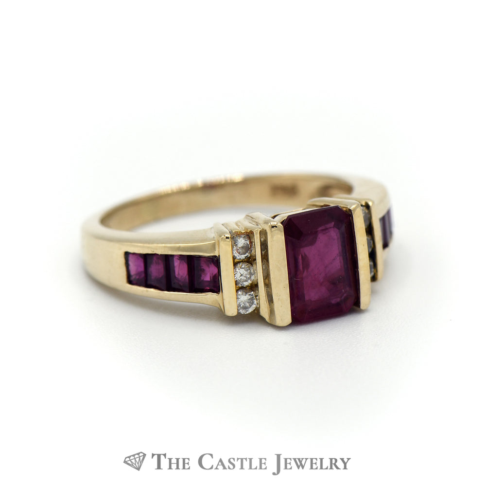 Emerald Cut Ruby Ring With Diamond Accents In 14K Yellow Gold