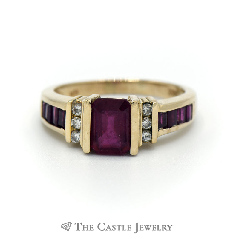 Emerald Cut Ruby Ring With Diamond Accents In 14K Yellow Gold