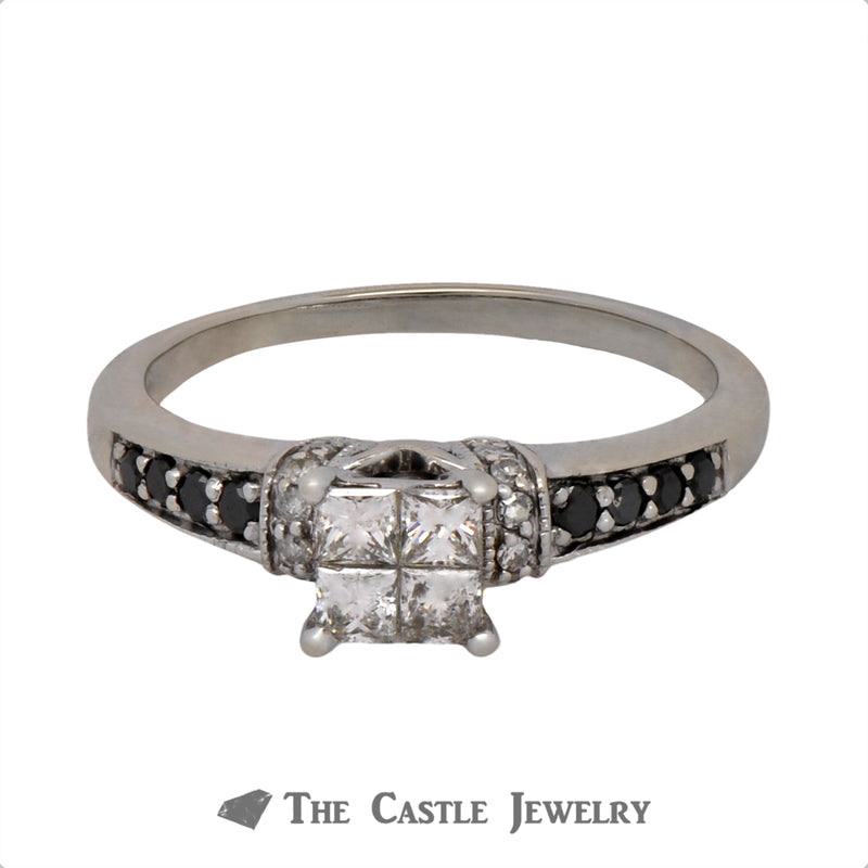 Princess Cut Diamond Cluster Engagement Ring with Black Diamond Accents