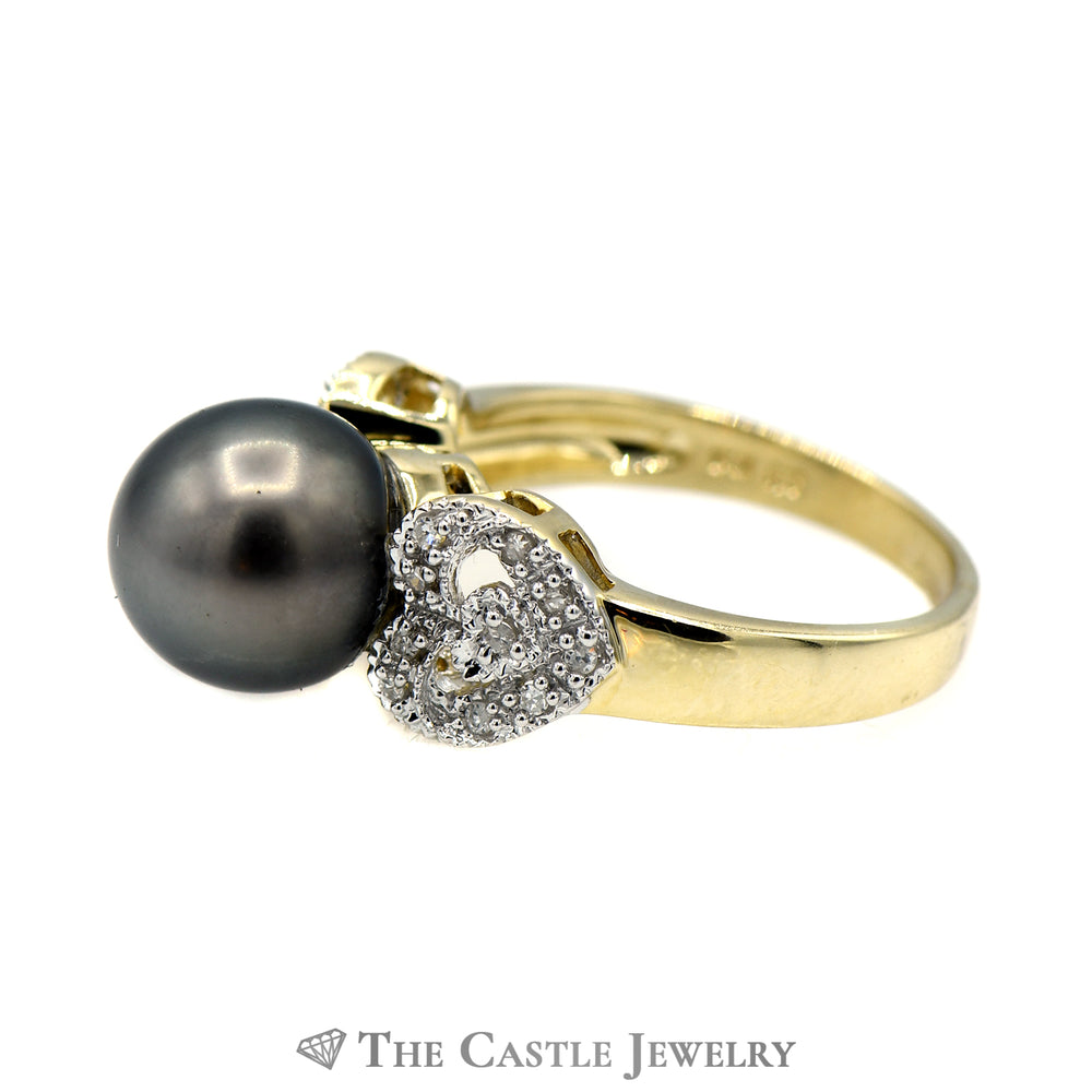 Black Pearl Ring with Diamond Encrusted Heart Sides