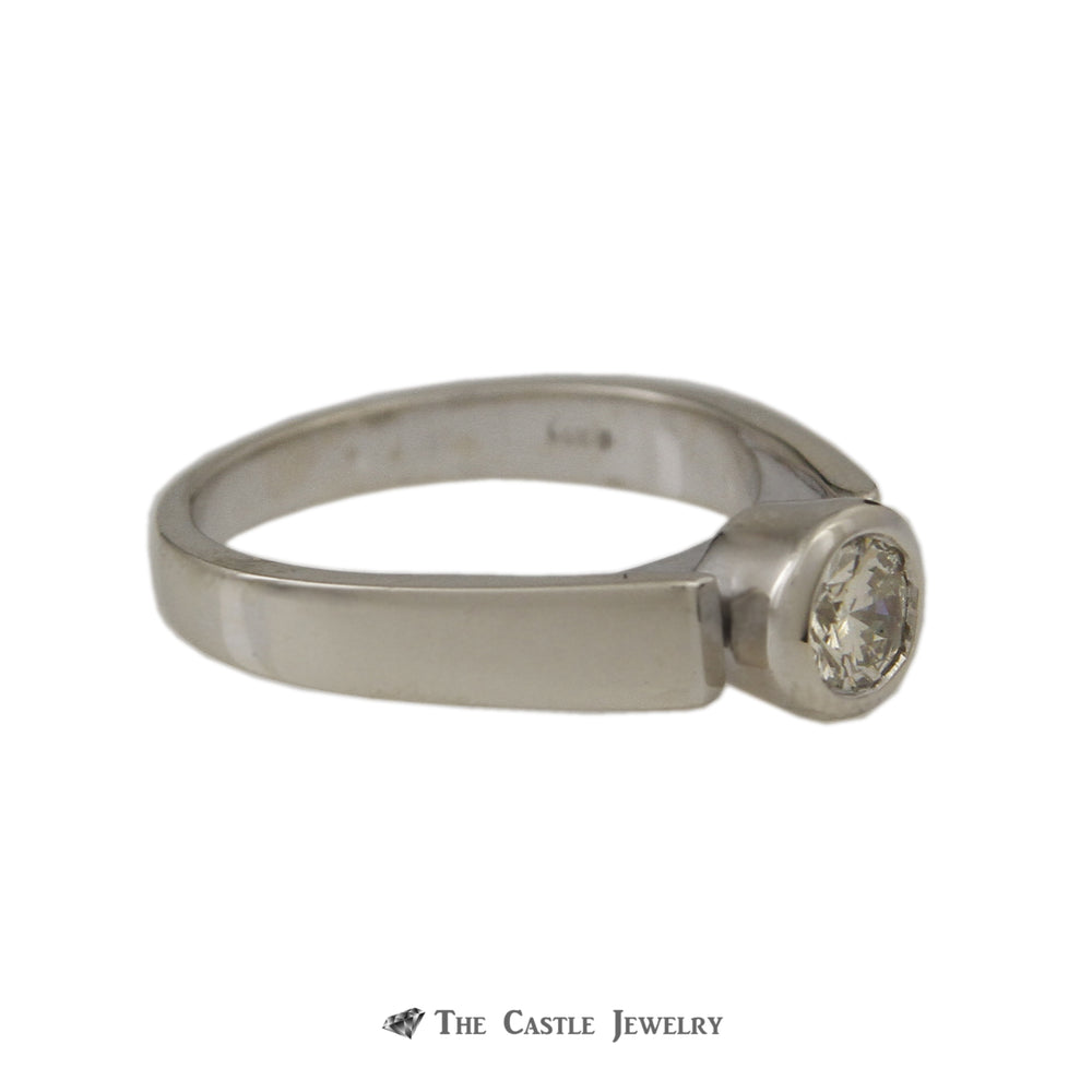 Bezel Set Round Brilliant Cut Diamond Engagement Ring with Cathedral Mounting in 14K White Gold