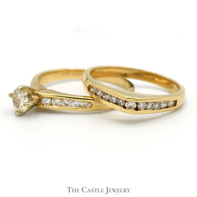 3/4cttw Diamond Solitaire Bridal Set with Channel Set Diamond Accents and Matching Band in 14k Yellow Gold