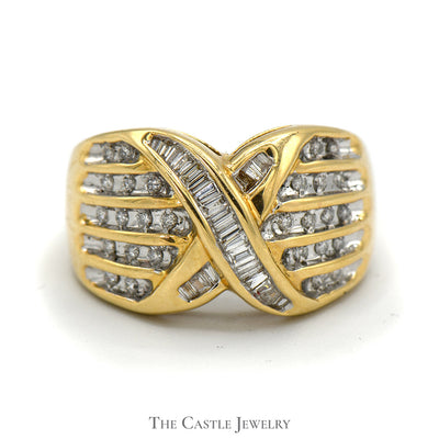 3/4cttw Round and Baguette Diamond Crossover Cluster Ring in 14k Yellow Gold