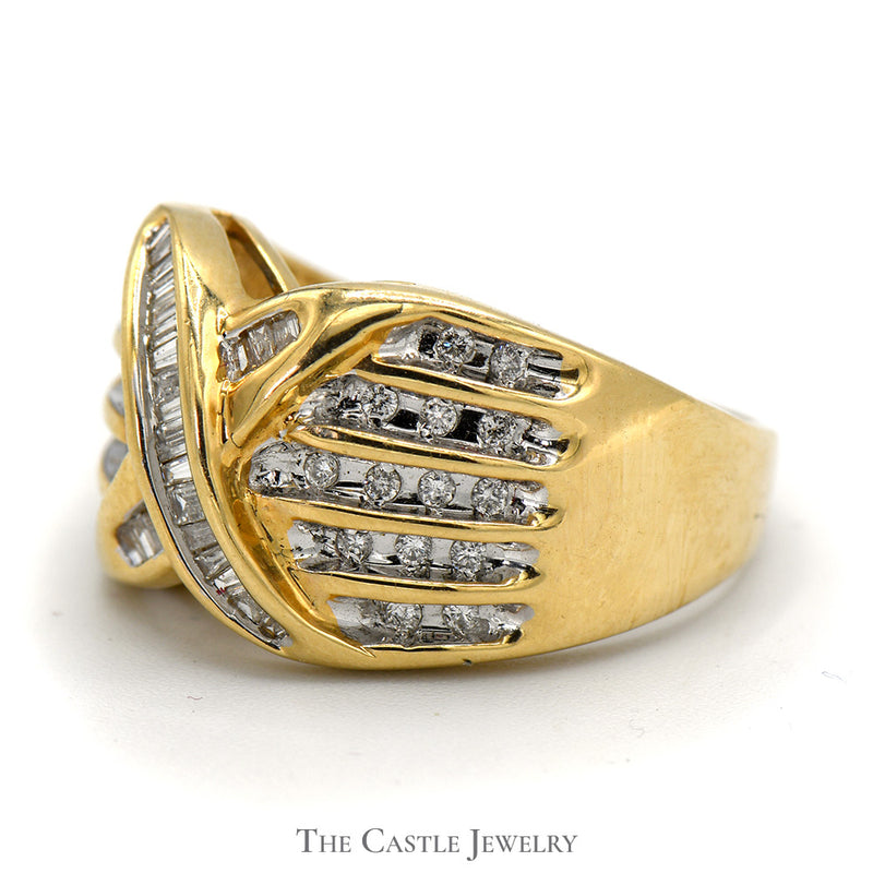 3/4cttw Round and Baguette Diamond Crossover Cluster Ring in 14k Yellow Gold
