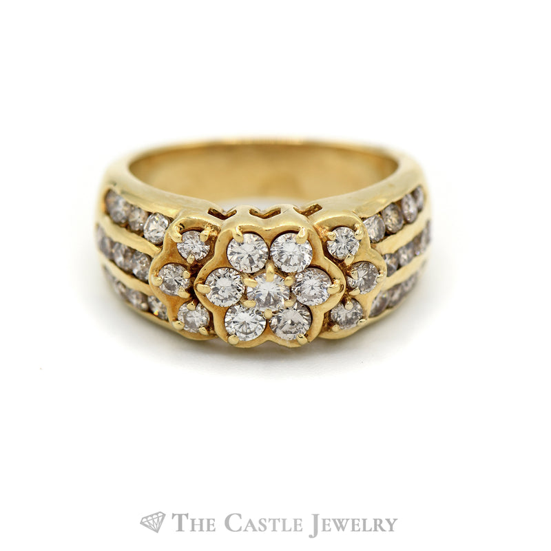 Flower Shaped 1.33cttw Diamond Cluster Ring with Channel Set Diamond Accents in 18k Yellow Gold
