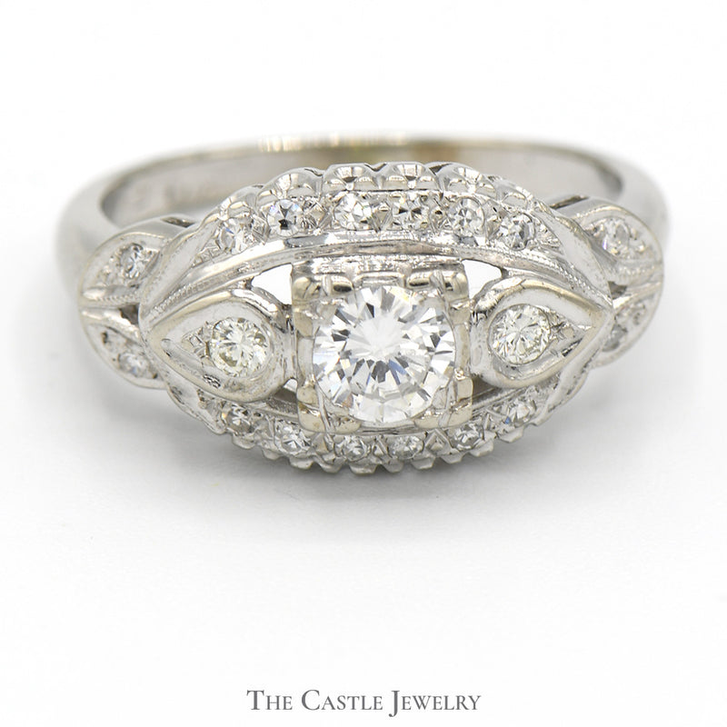Antique Style Diamond Solitaire Ring with Accents in 14k White Gold Leaf Designed Setting