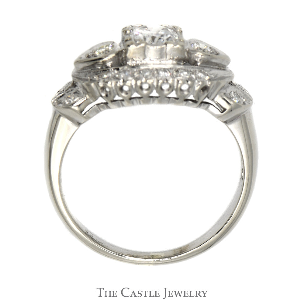 Antique Style Diamond Solitaire Ring with Accents in 14k White Gold Leaf Designed Setting