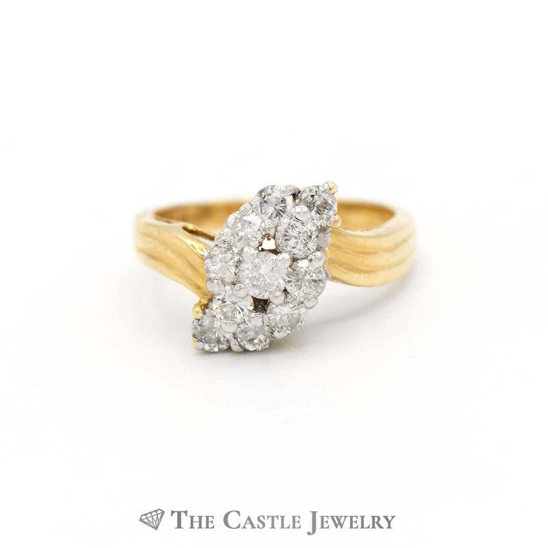 3/4cttw Waterfall Diamond Cluster Ring in 14k Yellow Gold Bypass Mounting