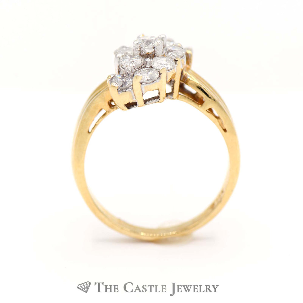3/4cttw Waterfall Diamond Cluster Ring in 14k Yellow Gold Bypass Mounting