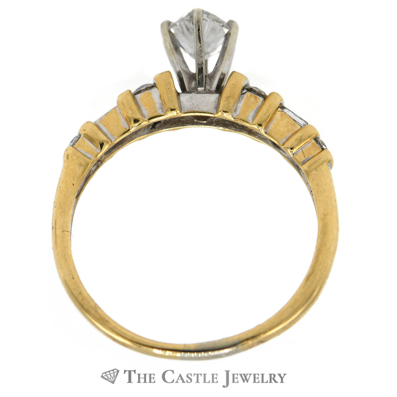 Oval Cut Diamond Bridal Set with Baguette Accents and Matching Band in 14k Yellow Gold