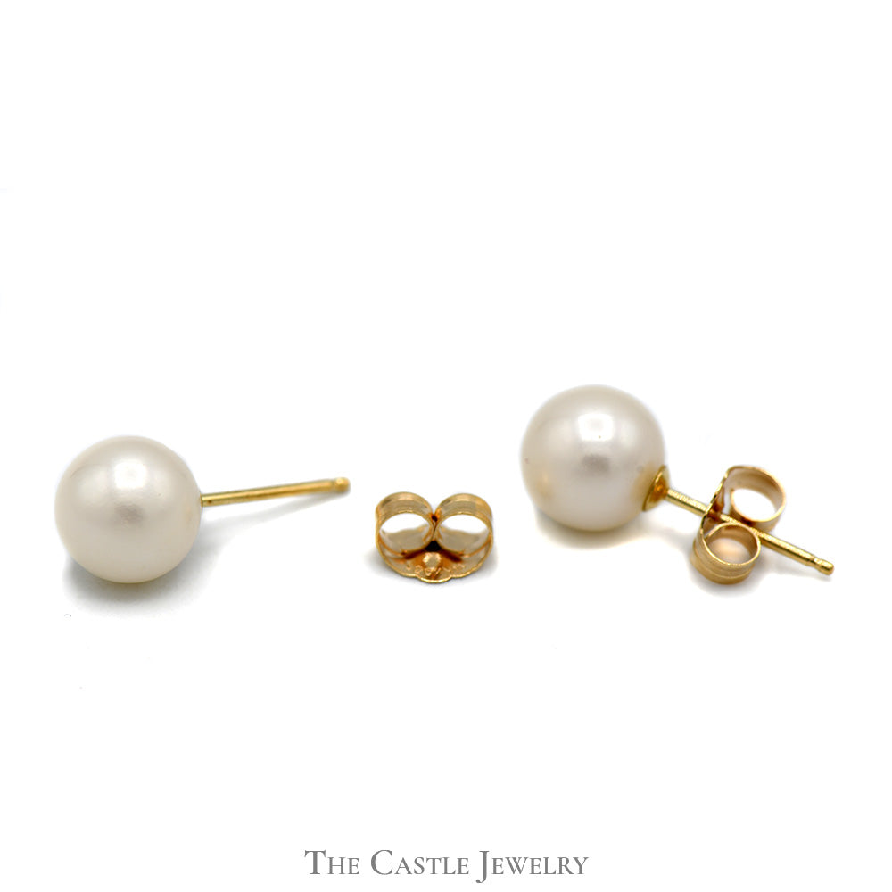 7mm White Pearl Stud Earrings in 14k Yellow Gold Butterfly Back Posts