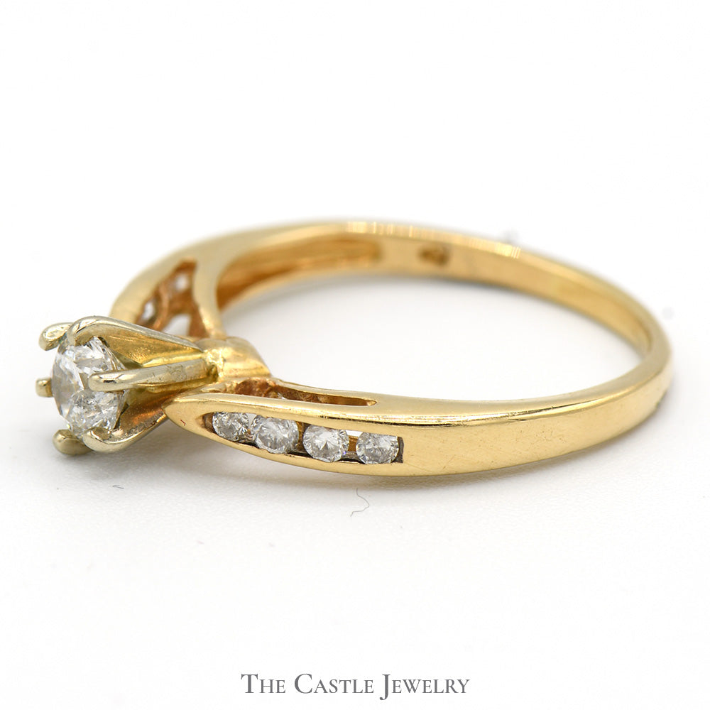 1/2cttw Round Diamond Solitaire Engagement Ring with Channel Set Diamond Accents in 14k Yellow Gold
