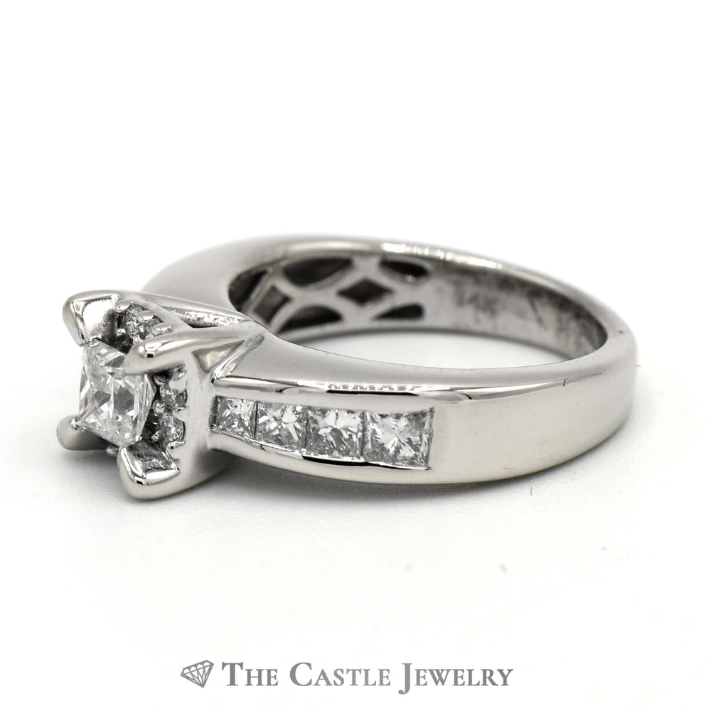 1cttw Princess Cut Diamond Engagement with Round Diamond Halo & Side Accents in 14k White Gold