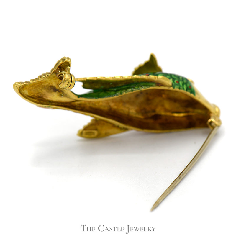 Colorful Green Enamel Fish Brooch Pin with Diamond Accent in 18k Yellow Gold